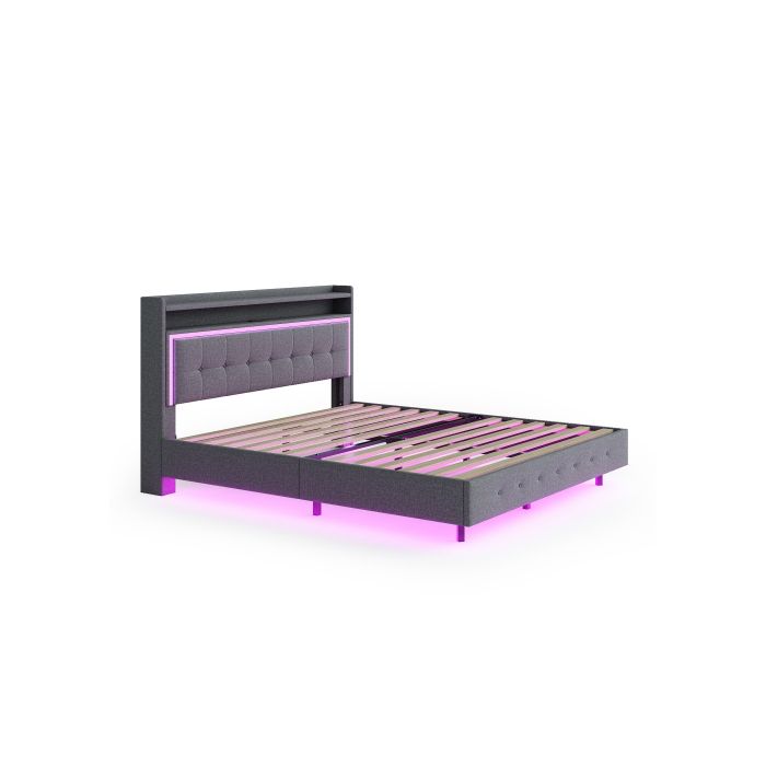 Lit rembourré - MUVOE - 140x200 - Prise USB - Éclairage LED - Tissu lin gris