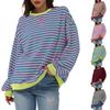 Women's Oversized Striped Color Blocking Long Sleeved Round Neck Sports Shirt Casual Loose Fitting Pullover Shirt Top