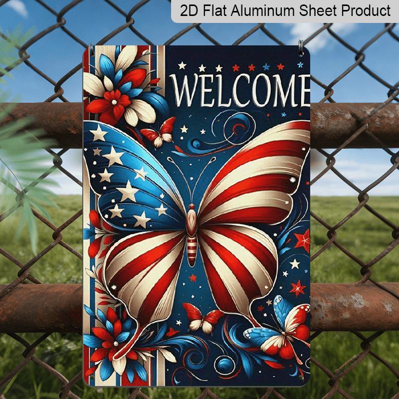 2D Flat, 1pc Patriotic "WELCOME" Butterfly Aluminium Sign - 8"x12" Rustic Red White Blue Decor, USA Flag Inspired Wall Art, Perfect for 4th of July