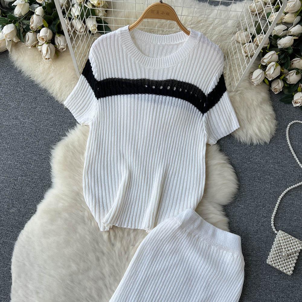 Пляжный вязаный свитер для отпуска, костюмы для женщин, с круглым вырезом и короткими рукавами, свободная футболка + длинная макси-юбка «рыбий хвост», повседневные шикарные комплекты из двух предметов