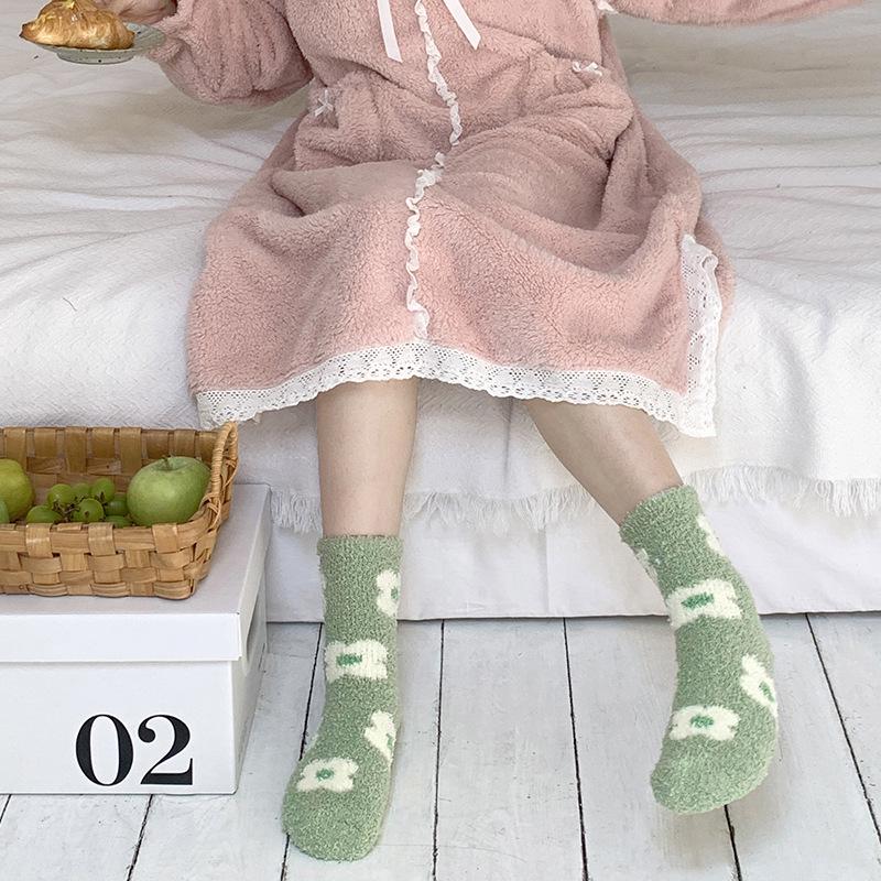 Women's Coral Fleece Cherry Cream Sleep Socks - Thick, Furry, Mid-Tube Winter Socks