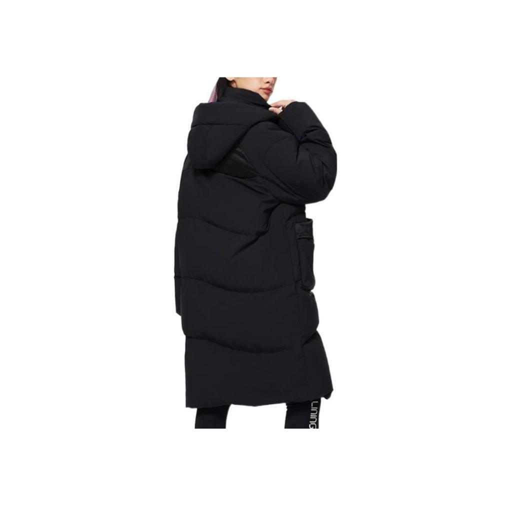 Li Ning Sports Trend Series однотонный логотип вышитый скрытый молния капюшон длинный пуховик женская верхняя одежда черный AYMS074-3