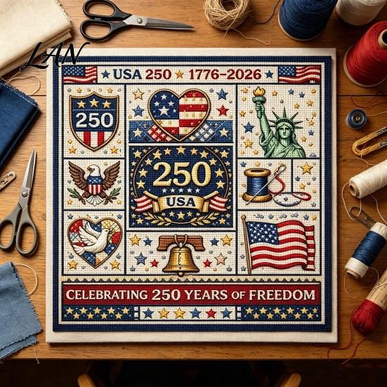 Cotton Embroidery Cloth 250th Anniversary Cross Stitch Kit, Independence Day Theme, Red White Blue Threads American Flag Set, Patriotic USA