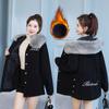 Winter Fashion Women Thickened Fleece Denim Coat With Hooded Embroidery Fur Collar Black Denim Jacket