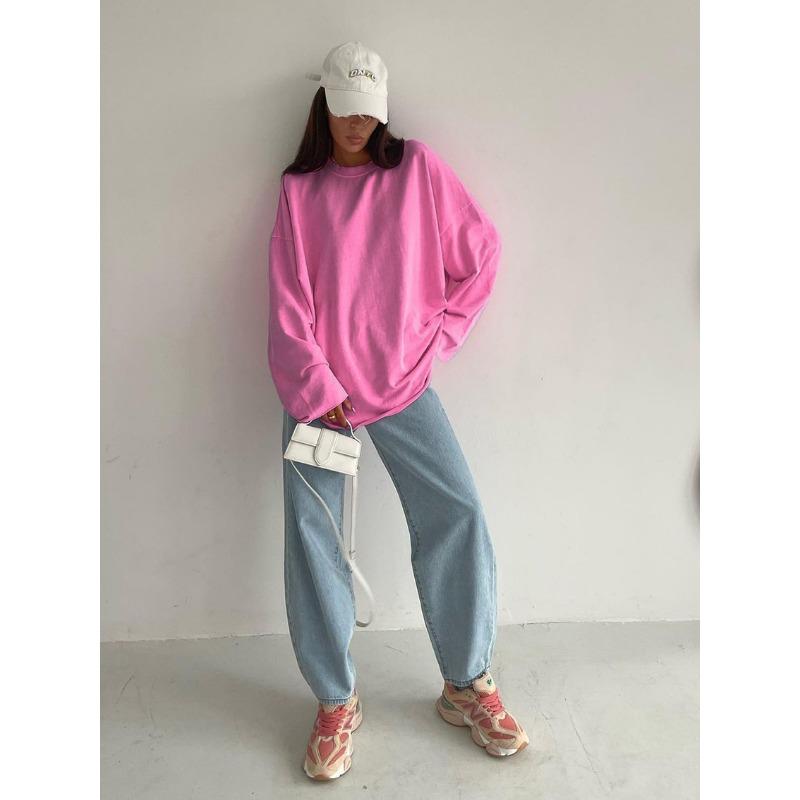 Women S Pink Long Sleeve T Shirt Loose Fit Solid Color Casual Top