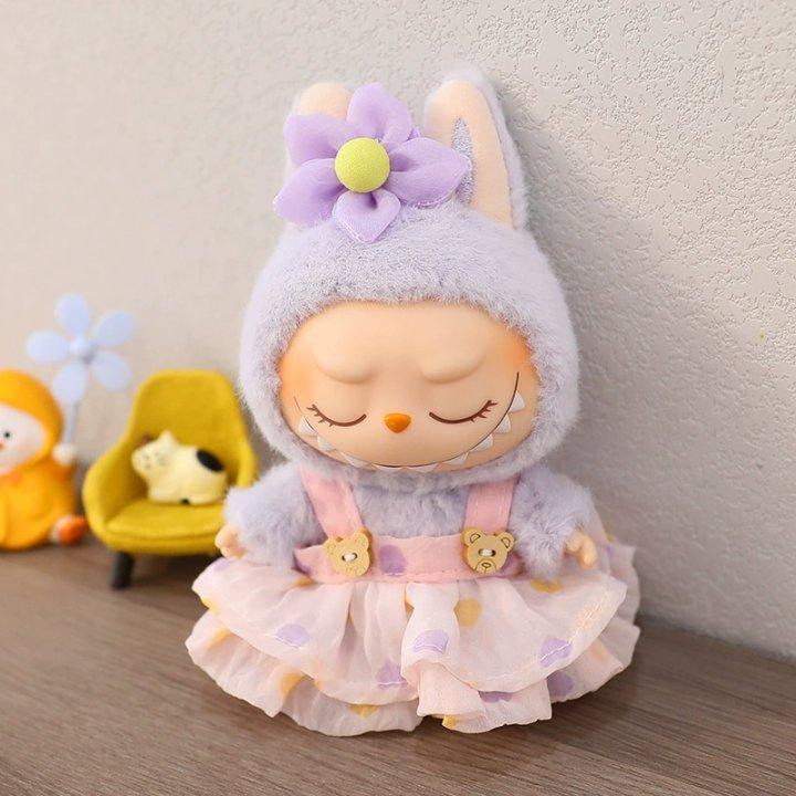 For 17cm Labubu Mini Doll Clothes Outfit Soft Knitted Sweater Suit Sitting Party JK Pleated Skirt Set Kawaii Bear Dress DIY Toy