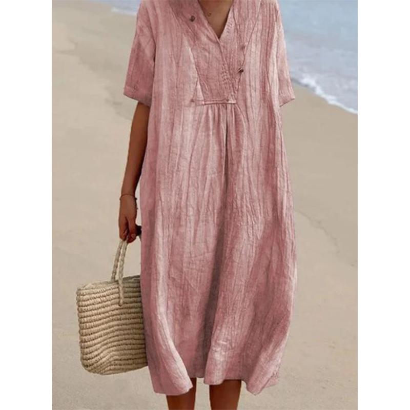 Summer Literary Vintage Cotton Linen Dress Female Short Sleeve Loose Casual Robe Women Solid Color Vestidos