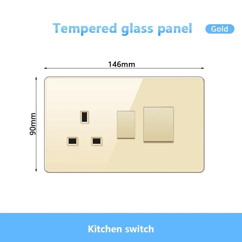 Gold UK 13A Tempered Glass USB Socket Plug,18W Type-C Fast Charging Universal 3pin Dual Power Outlet,Wall LED 2way Light Switch
