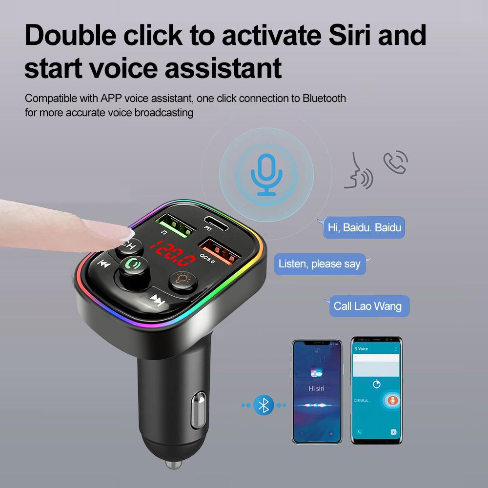 Автомобильный Bluetooth 5.0 FM-передатчик Dual USB PD Быстрое зарядное устройство Цветные огни Беспроводной Handsfree Аудиоприемник MP3-плеер Автомобильный комплект