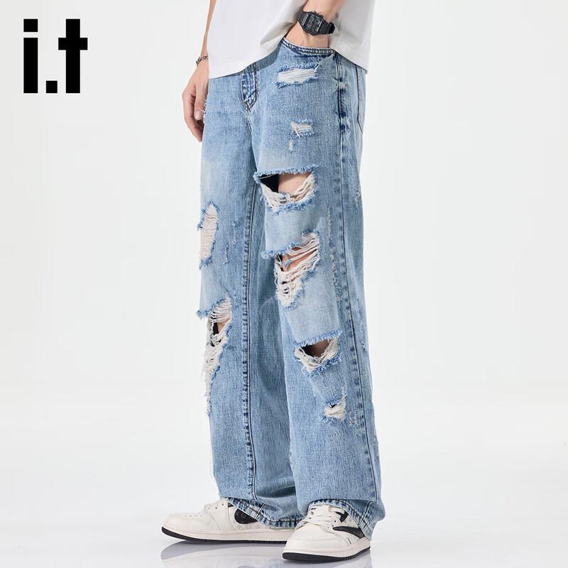 Izzue IT Мужские джинсы прямого кроя широкие штанины с потертостями