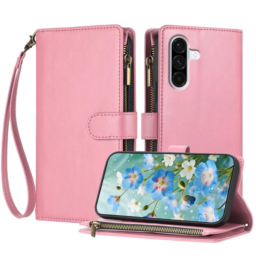 For Samsung Galaxy A57 5G Leather Case Zipper Wallet Stand Shockproof Phone Cover with Wrist Strap