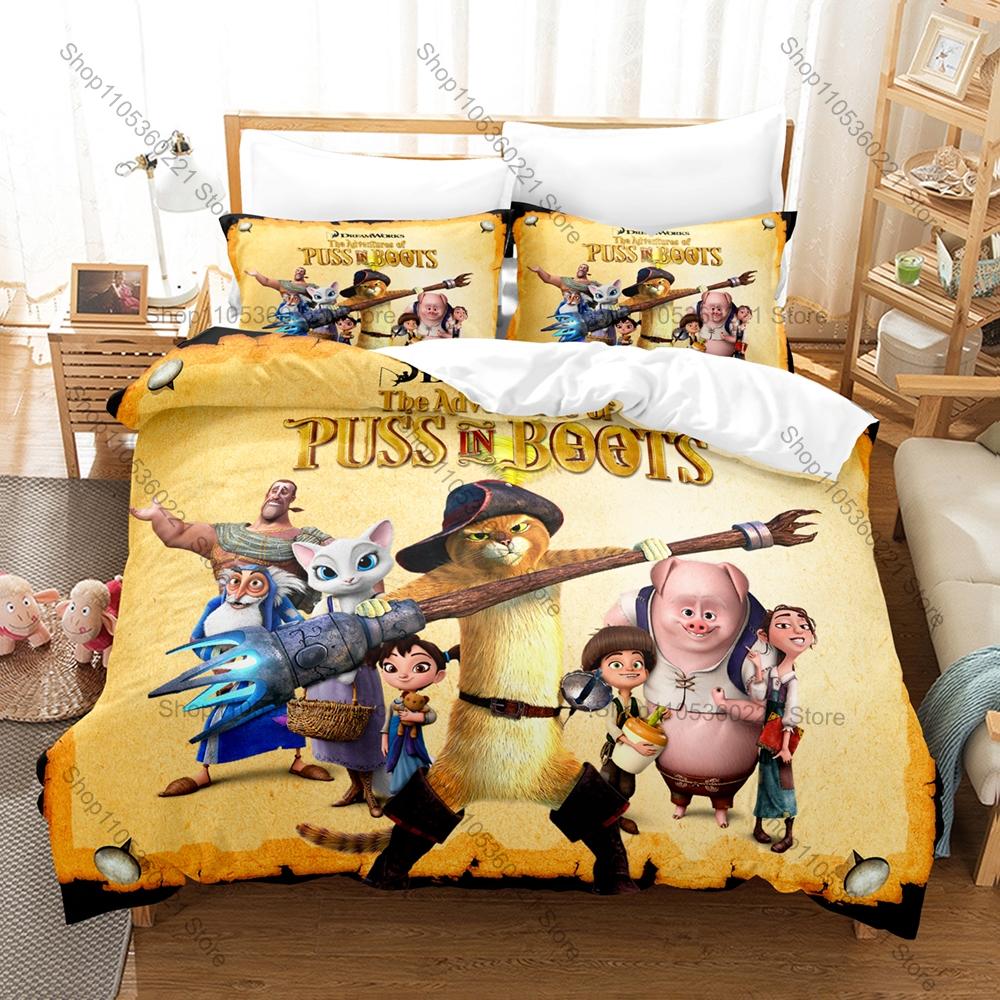 Cartoon PUSS IN BOOTS Bedding Set, Duvet Cover + 2 Pillowcases Vivid Pattern for Home Dorm Daily Use & Collection