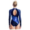 Женский гимнастический купальник - Дизайн с металлическими цветовыми блоками, воротником-стойкой, длинным рукавом и вырезом-капелькой на спине