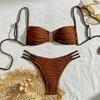 2Pcs/Set Women Bikini Set Sling Bandeau Padded Bra Wrinkle Texture Briefs Set Patchwork Color Split Swimsuit