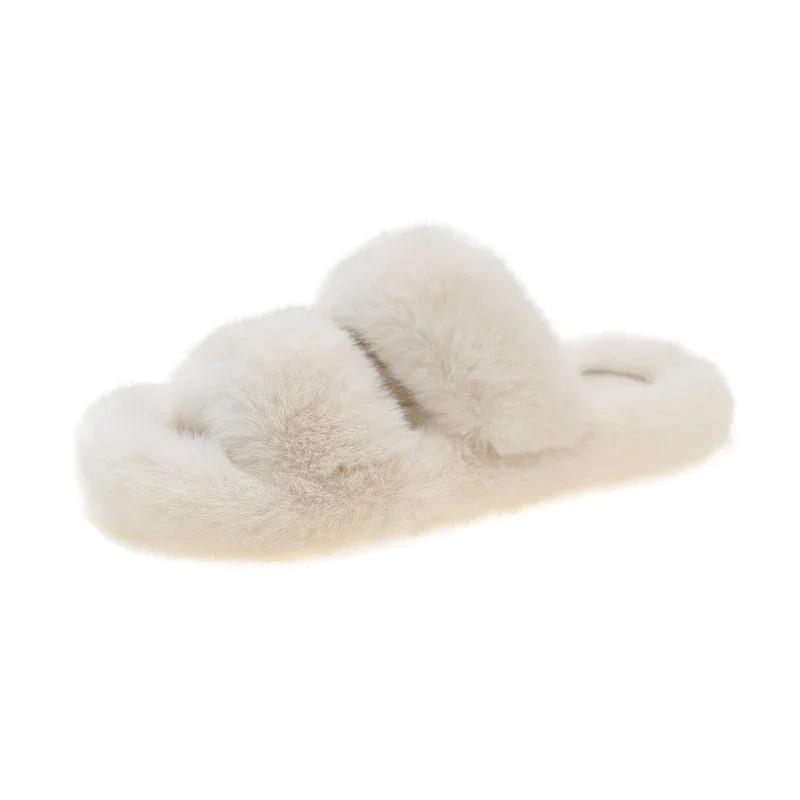 Women Fur Warm Winter Furry Fur Shoes Fluffy Plush Slippers Home House Indoor Shoes Bedroom Slippers Female Ladies Round Toe