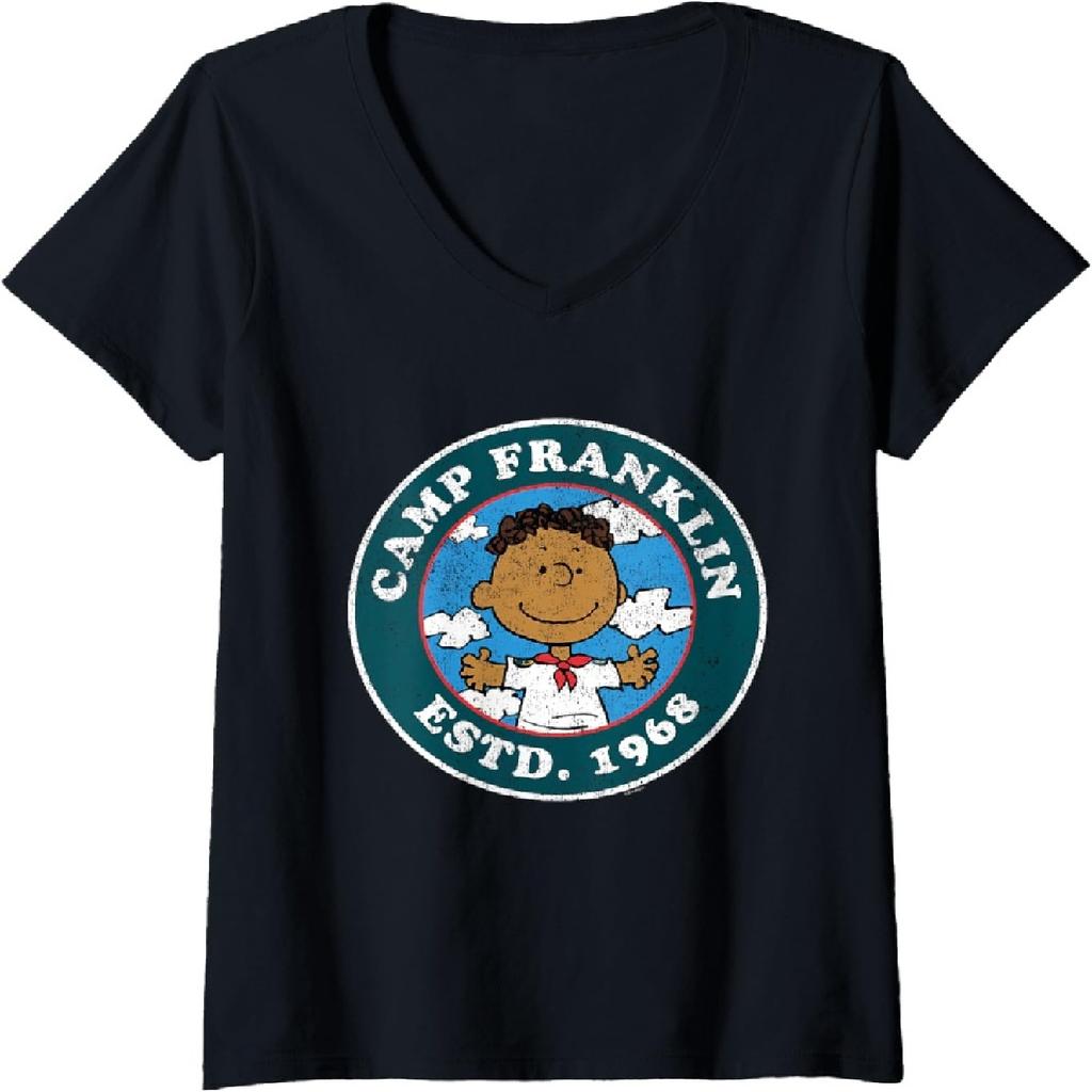 Womens Peanuts - Camp Franklin Armstrong ESTD 1968 V-Neck T-Shirt