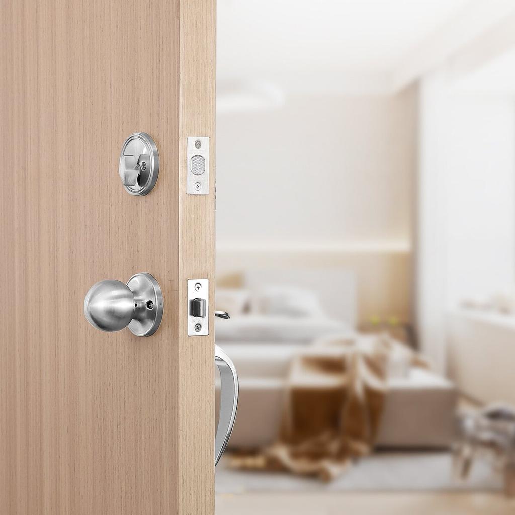 Front Door Handle and Deadbolt Set, Satin Nickel Front Door Lock Set with Interior Knob, Adjustable Hole Spacing Single Cylinder Handleset, for Right