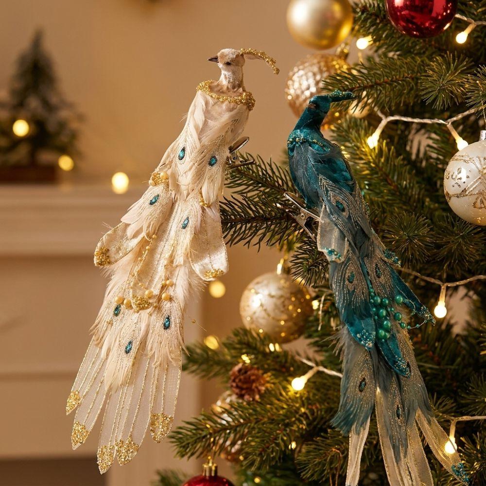 Clip-On Christmas Peacock Ornaments Glitter Feather Artificial Peacock Decor Christmas Season