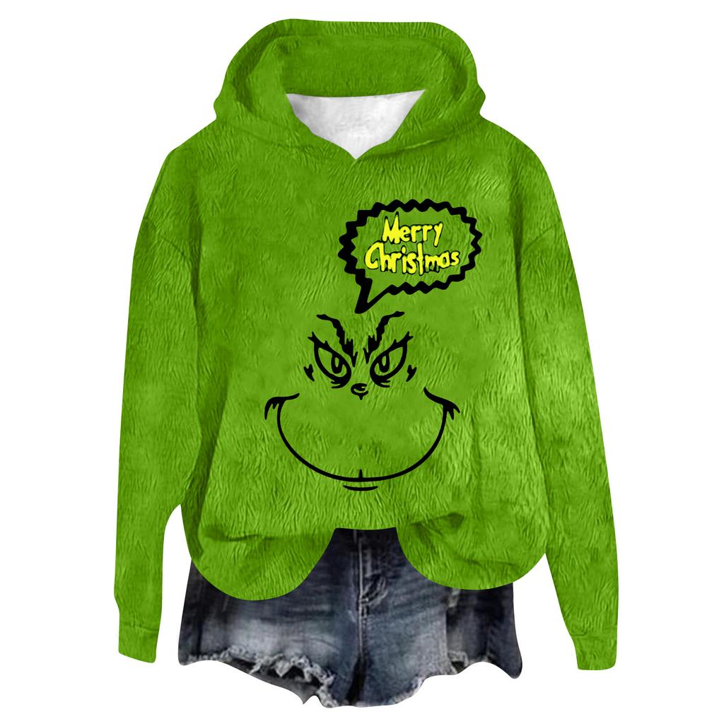 Women's Hooded Long Sleeve Christmas Printed Flannel Top Hooded Sweatshirt