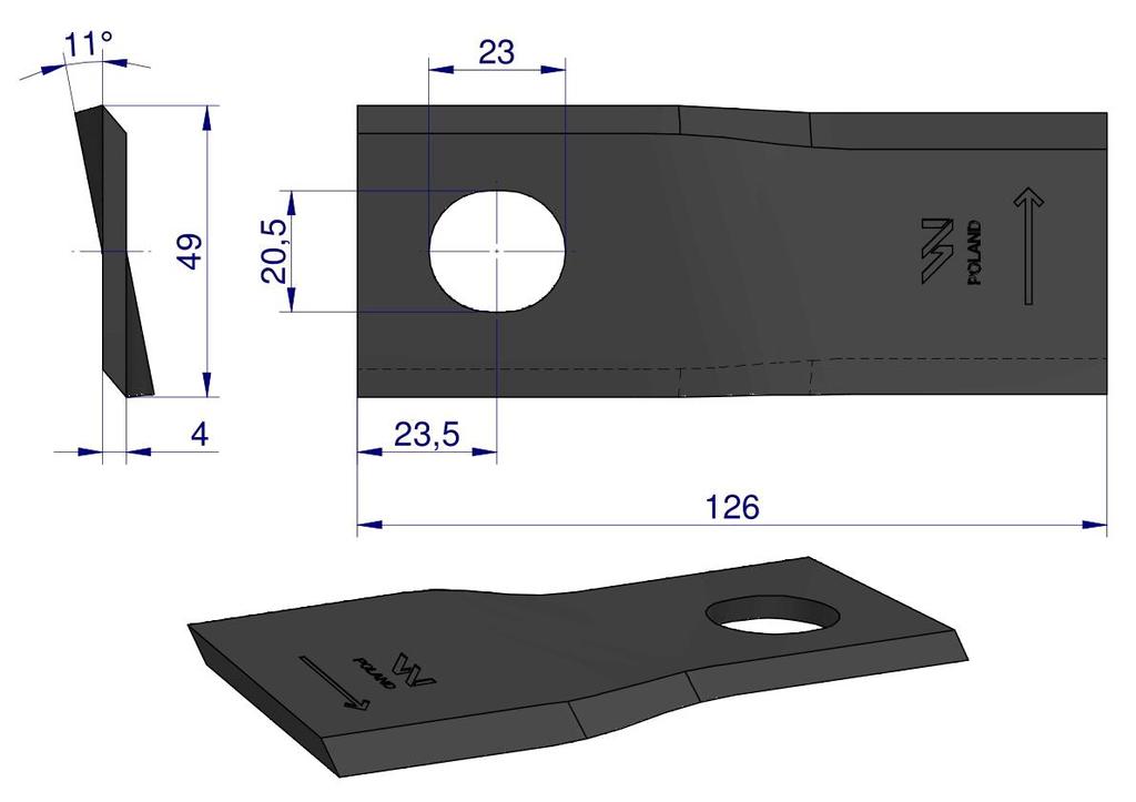 Left mower blade 126x48x4mm hole 20.5x23 application 56110900 Kverneland Taarup WARYŃSKI (sold in 25 pieces)