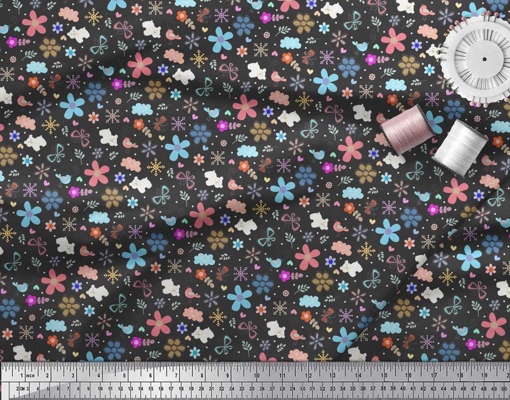 Soimoi Ткань из вискозы синего цвета с принтом «Медведь|Птица и цветы» в ярдах, 42 дюйма