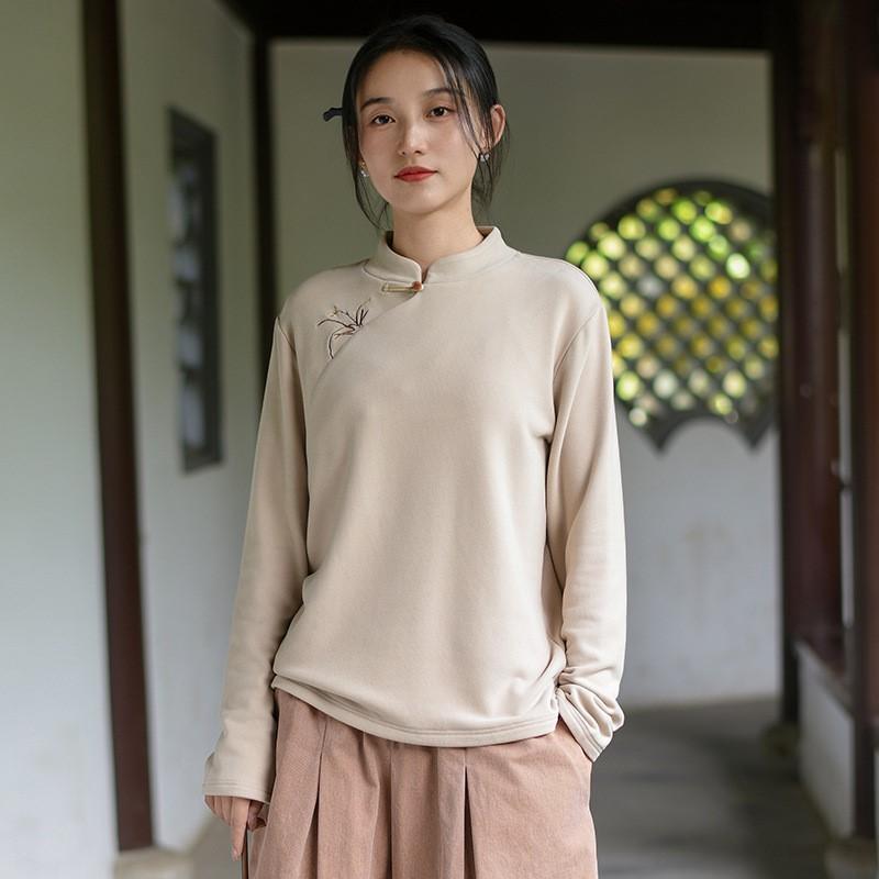 Johnature Женские рубашки-стойки в китайском стиле, теплые осенние топы, вышитые цветочные блузки, мягкая рубашка с длинным рукавом