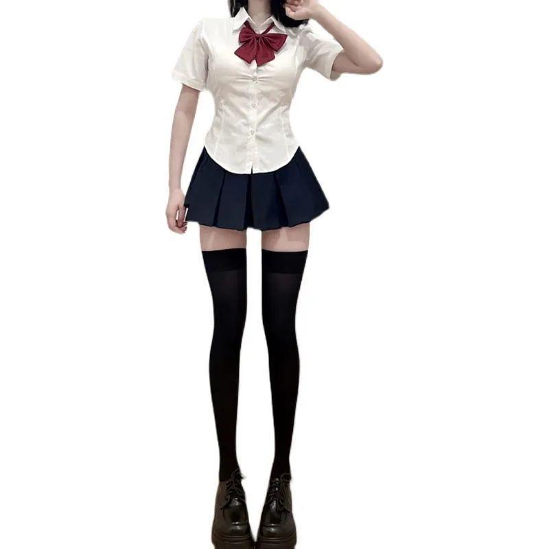 Комплект плиссированной юбки с завышенной талией JK: Летняя приталенная одежда в стиле колледжа с коротким рукавом