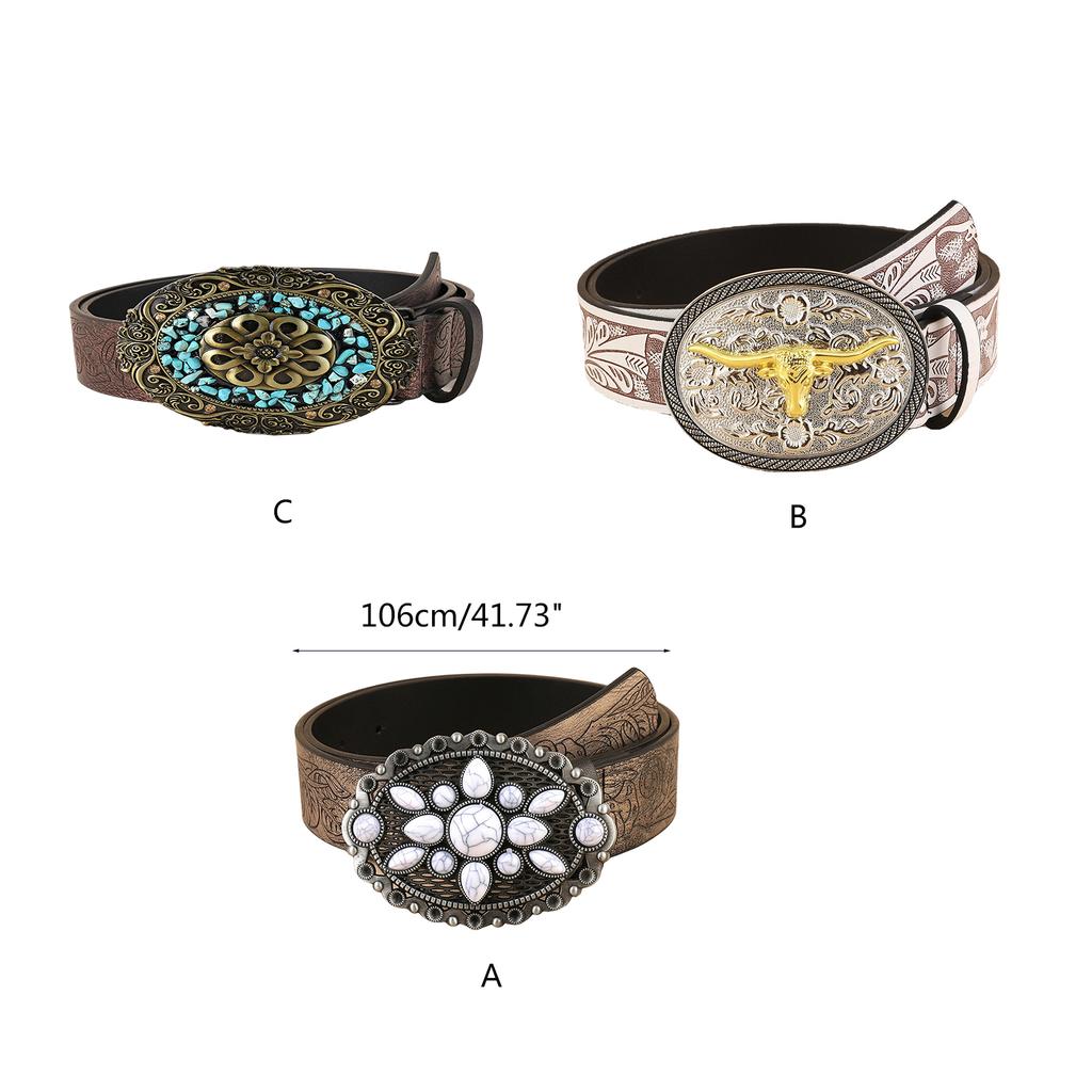 Cowboy Belt Vintage White Stone Buckle Belt Engraved Flower Belt Embossed Leather Belt Vintage Western Belt Jeans Belt