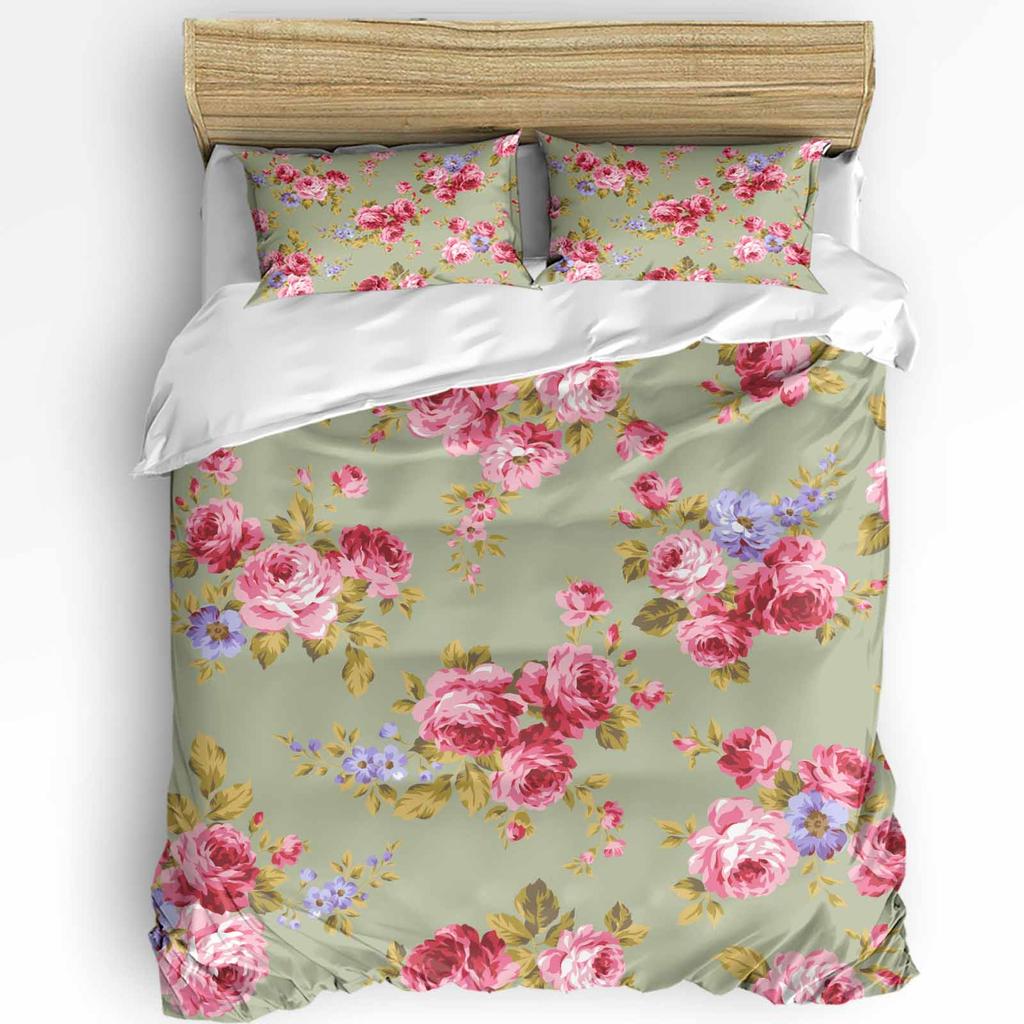 Modern Classic Double Pink Flower Rose Vintage With Pillow Case Custom 3pcs Bed Home Textile Quilt