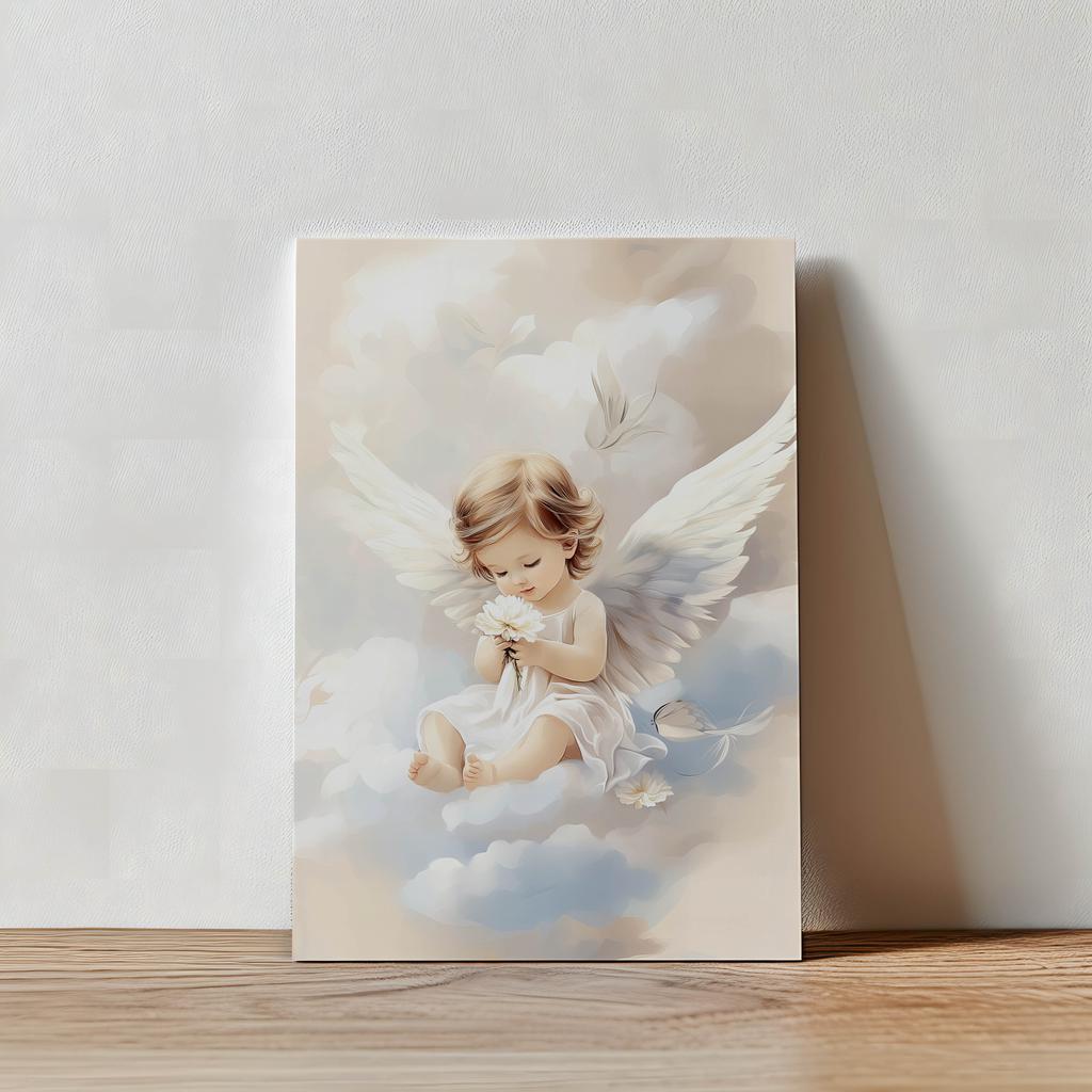 Poster Cute Angel On Clouds Poster Cute Angel On Clouds, 50X70 Cm, Frameless, Premium Canvas On Stretcher