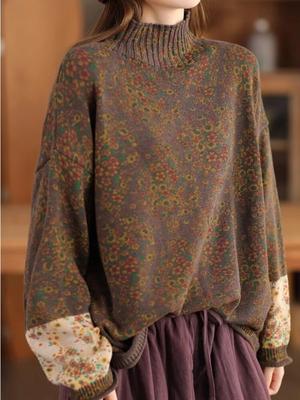 Женские пуловеры-свитера с воротником-стойкой и длинным рукавом в стиле пэчворк с цветочным принтом, весенние вязаные хлопковые женские свитера