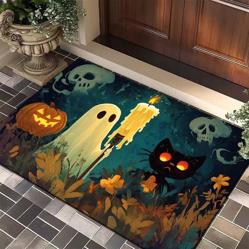 Halloween Pumpkin Lamp and Elf Small Floor Mat Decoration Bathroom Carpet Kitchen Mat Home Living Room Entrance Rug Home Decor