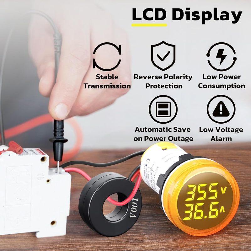 2 in 1 60-500V 0-100A AC Digital Ammeter Voltmeter, 22mm Rounded Digital Tube Screen with Transformer, LED Display Voltage