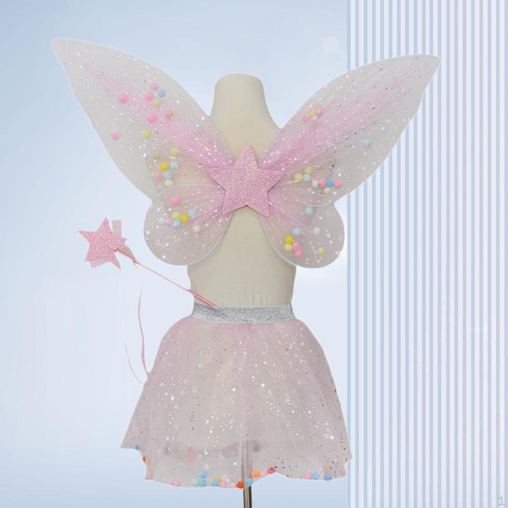3 Pieces Fairy Wings Tutu Skirt and Stick Set for Girls Holidays Princess Cosplay