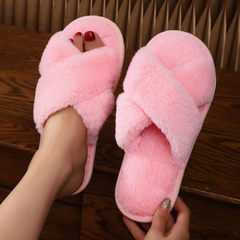 Girls fluffy cross slippers new fashion household autumn and winter warm cotton slippers women