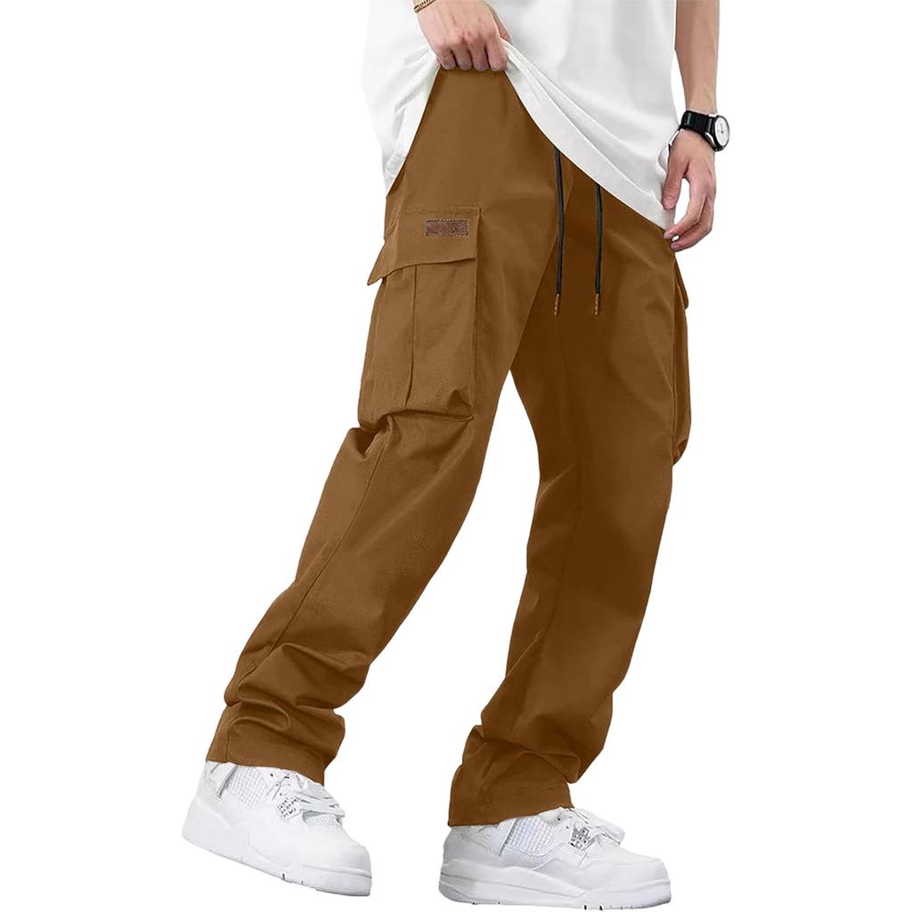 Men's Loose Casual Multi-pocket Work Pants, Youth Stretch Waist Drawstring Pants