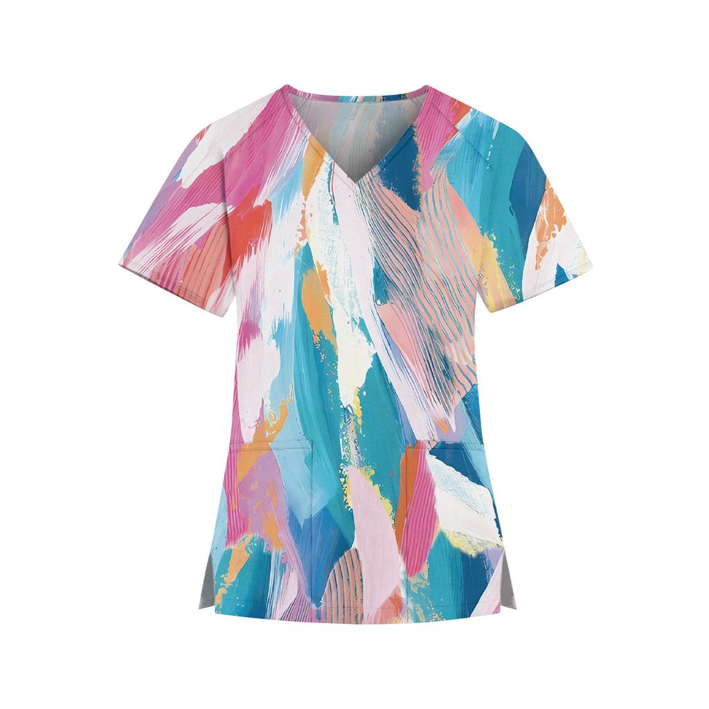 Женская модная рабочая одежда с v-образным вырезом и принтом, короткими рукавами и карманами, топы