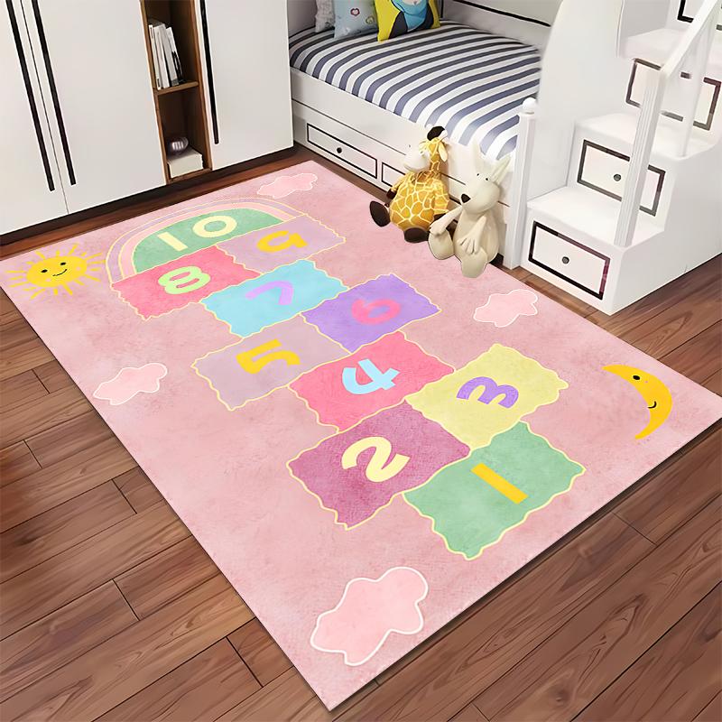 Hopscotch design carpet, pink background, cute style Suitable for use as an anti-slip game mat for living room and bedroom sofas