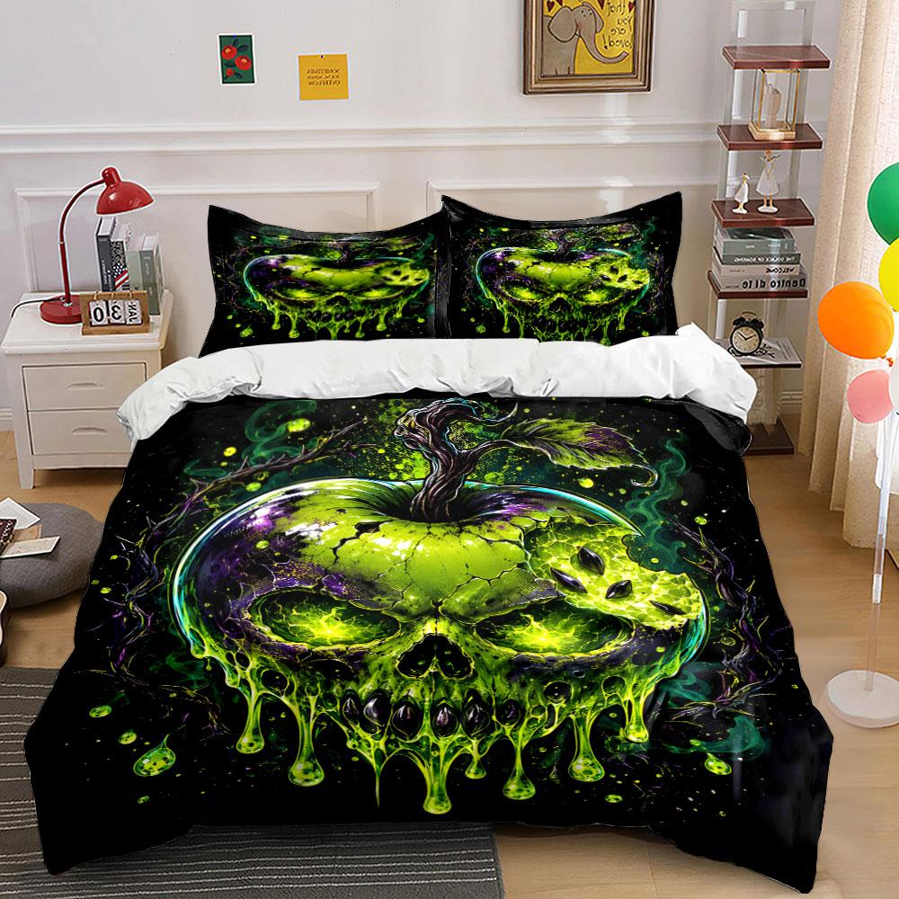 "Green Glowing Skull Apple Art" Bedding Duvet Cover Set (1*Duvet Cover 2*Pillowcases, without duvet insert)