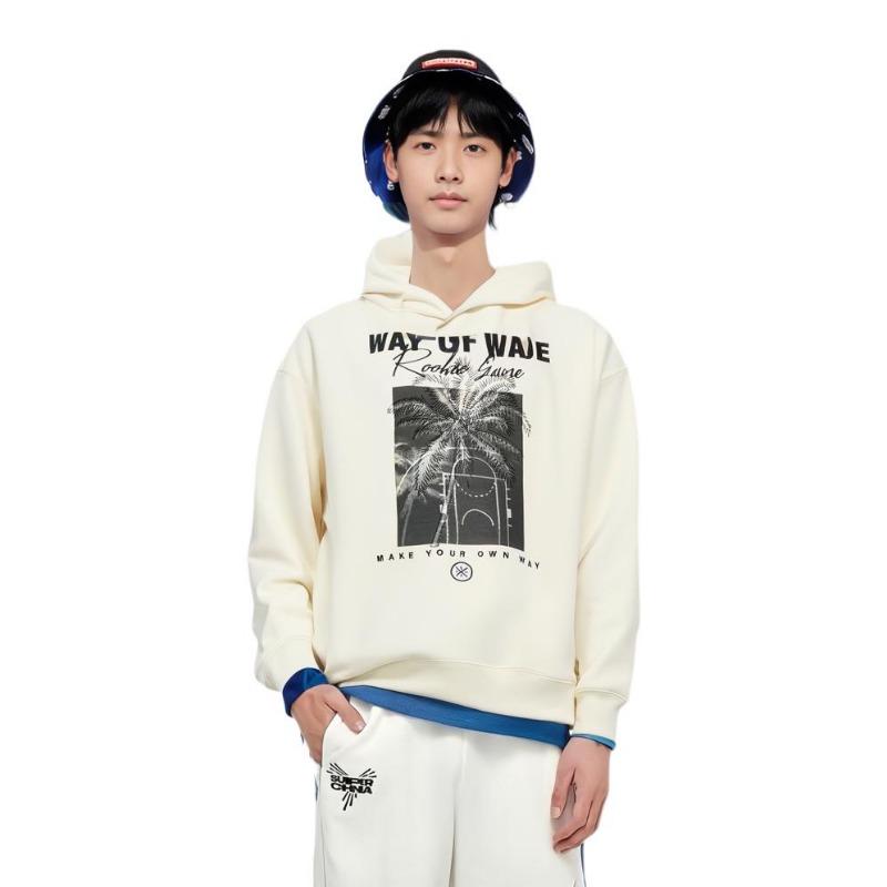 Li-Ning Толстовка с капюшоном из флиса Wade Series с рисунком в виде букв на спине, мужская толстовка с капюшоном, разноцветная, кремово-белая AWDT945-2