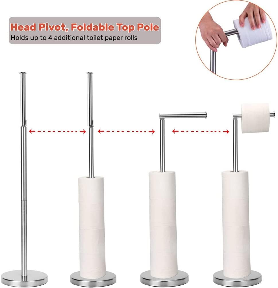 Stainless Steel Brushed Silver Toilet Paper Stand with Weighted Base & 4-Spare Capacity