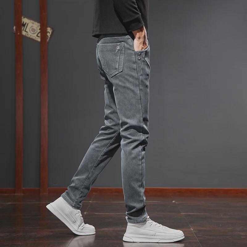 Плюшевые эластичные фланелевые джинсы для мальчиков: Удобные, Сохраняющие тепло, Приталенные, Прямые брюки для весны и осени