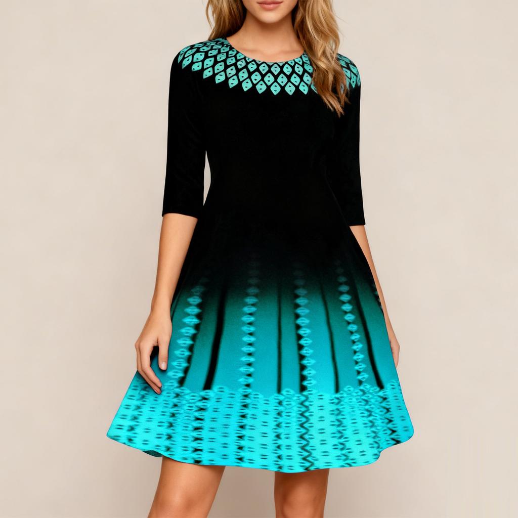 Ladies' Printed Fashionable And Personalized Mid Sleeve Waist Dress