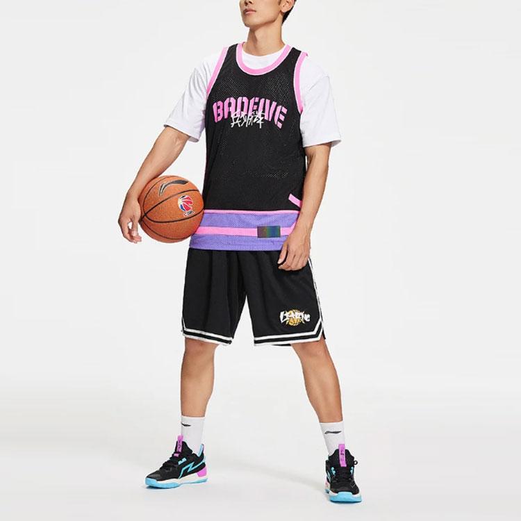 Баскетбольная серия Li Ning с принтом логотипа, эластичным поясом, свободные баскетбольные шорты, мужские шорты AAPS269-1