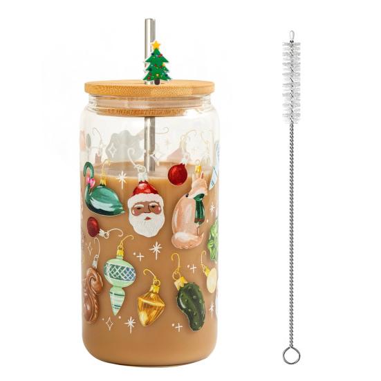 Color Changing Christmas Glass Cup with Lid Straw Brush Reusable Glass Iced Coffee Cup