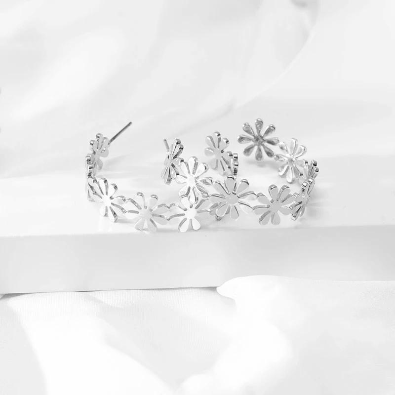 Корейский дизайн C-образные металлические серьги-подвески в виде цветка, модные минималистичные золотые цветные круглые серьги-петли в стиле хип-хоп