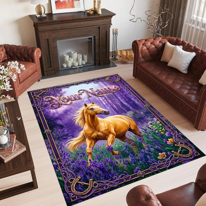 Horse Theme Crystal Velvet Floor Rug Personalized Custom Name Text Warm Carpet Home Decoration