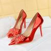 Women's Banquet High Heels Slim Heels Shallow Mouth Pointed Crystal Bow High Heel Single Shoes