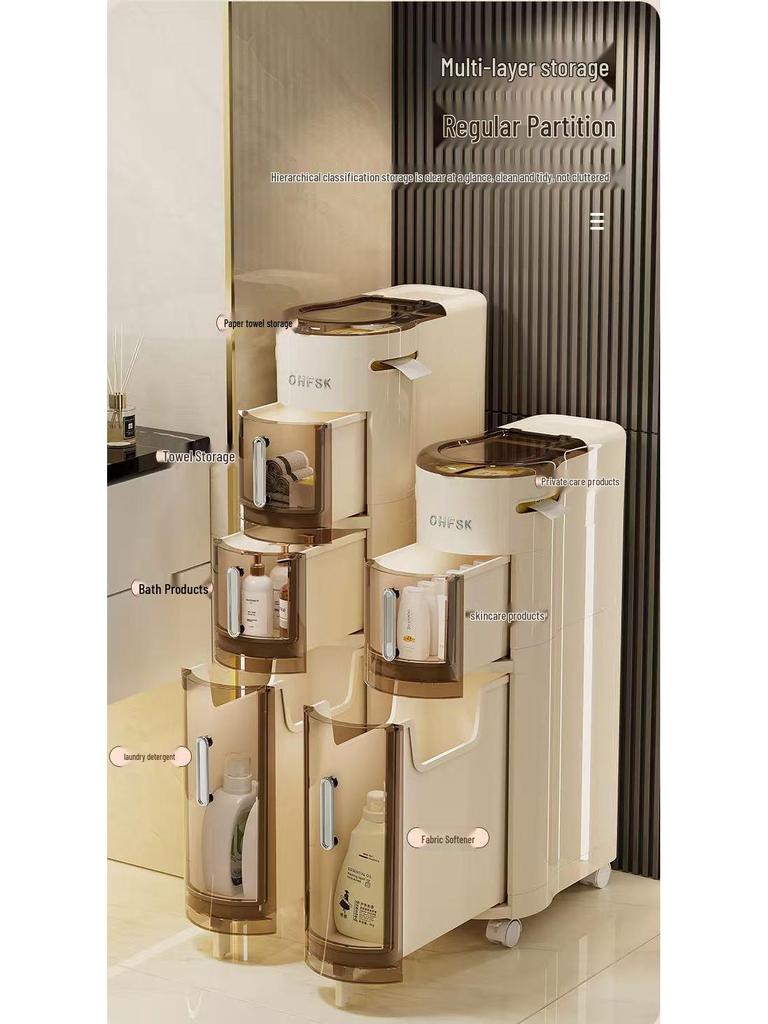 Узкий многоярусный шкаф-ящик для хранения в зазоре в ванной и на кухне