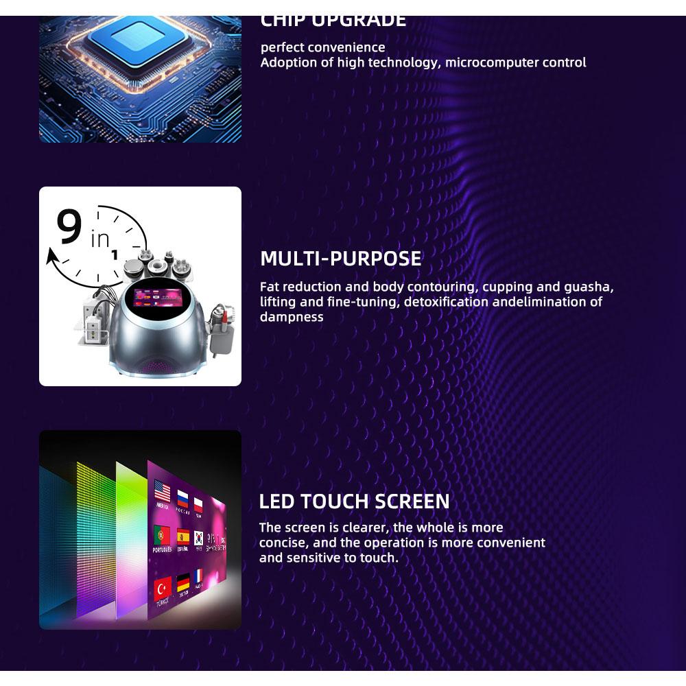 9-в-1 40 кГц Кавитация 0,5 МГц РЧ Лазер 9 Голов Светодиодный Сенсорный экран Воздушное охлаждение 110 В-220 В AC Салонное Контурирование тела